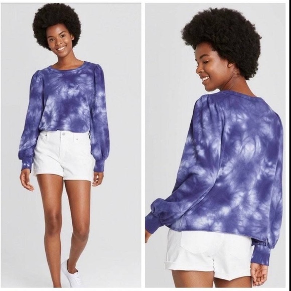 UNIVERSAL THREAD Navy Tie Dye Puff Sleeve Sweatshirt - Large - Picture 1 of 5